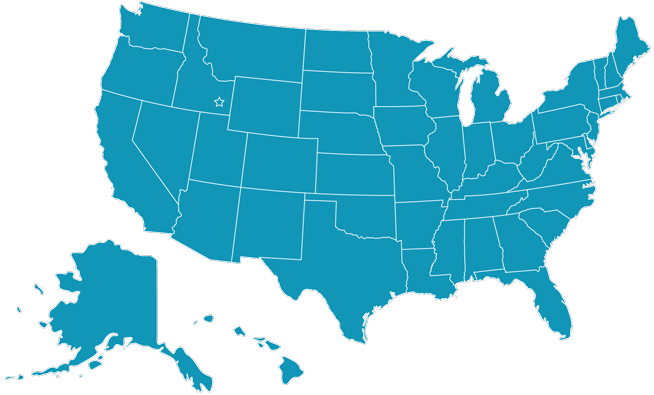 Map of the United States, including Alaska and Hawaii, with a star on Idaho